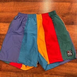 Vintage 90s Beachwear Men's Swim Trunks Multicolor Rainbow Striped Shorts Medium